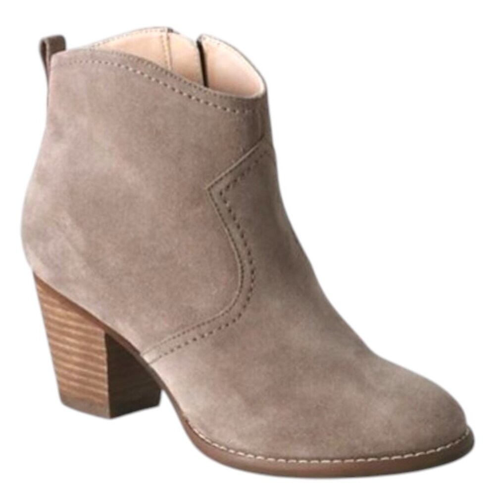 Lands' End Women's Harris Taupe Suede Side Zip Faux Wooden Heel Ankle Bootie